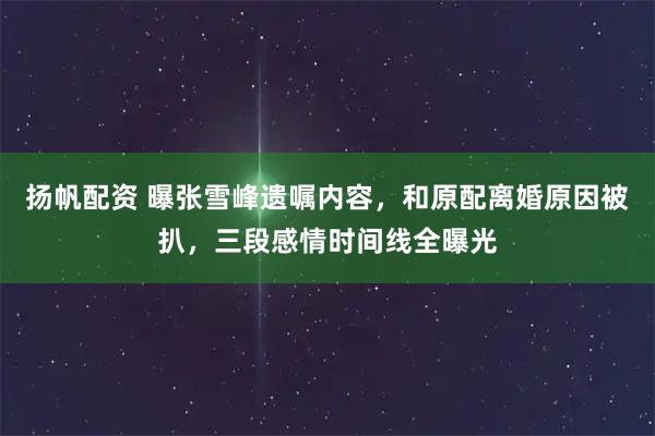 扬帆配资 曝张雪峰遗嘱内容，和原配离婚原因被扒，三段感情时间线全曝光